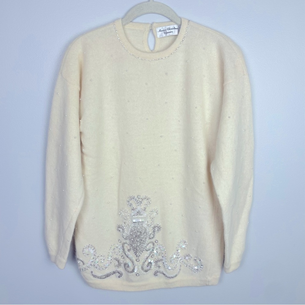Vintage Marisa Christina 80s Cream Lambswool Angora Pearl Beaded Sweater
